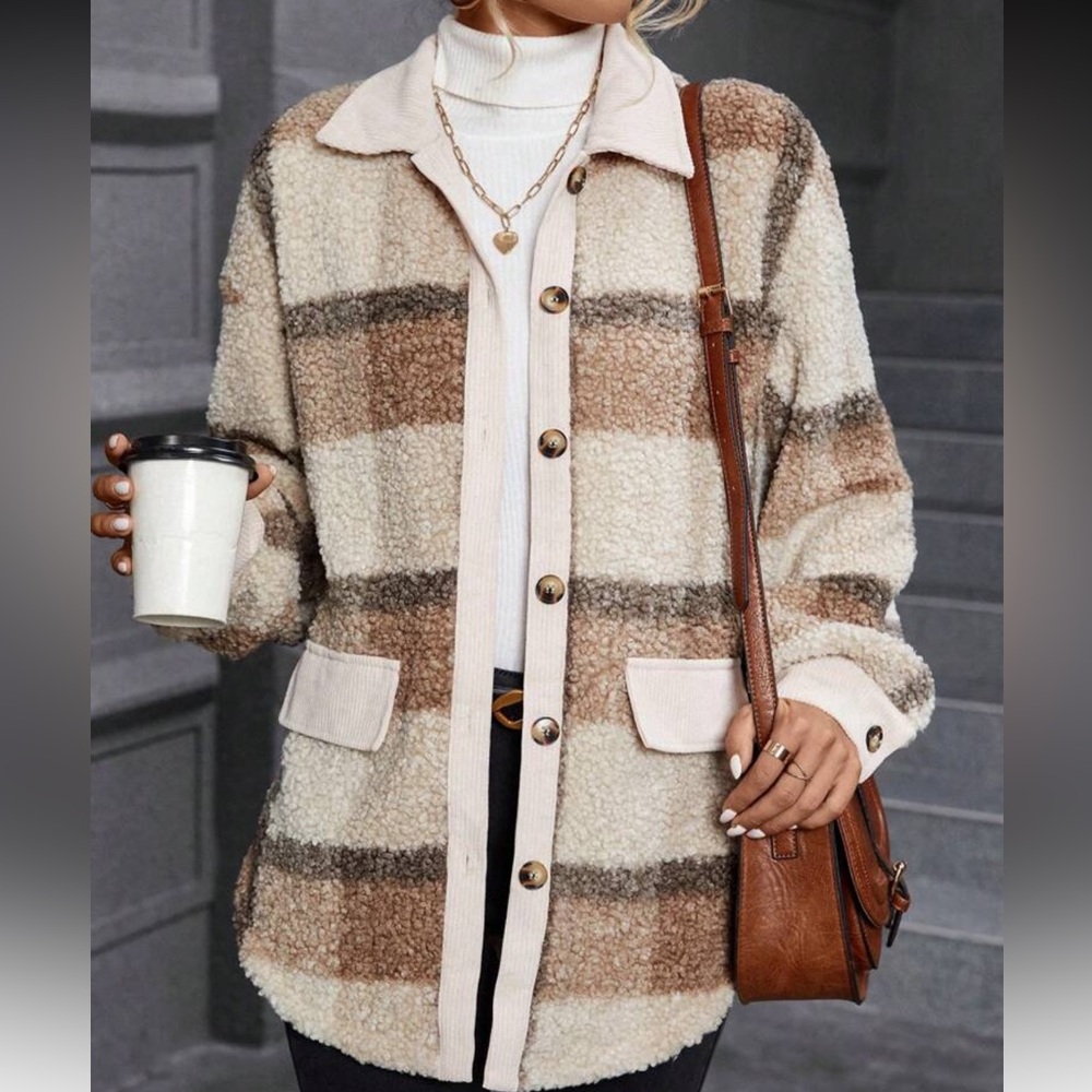 New Plaid button down Sherpa Jacket - Cream and Brown - Picture 2 of 5